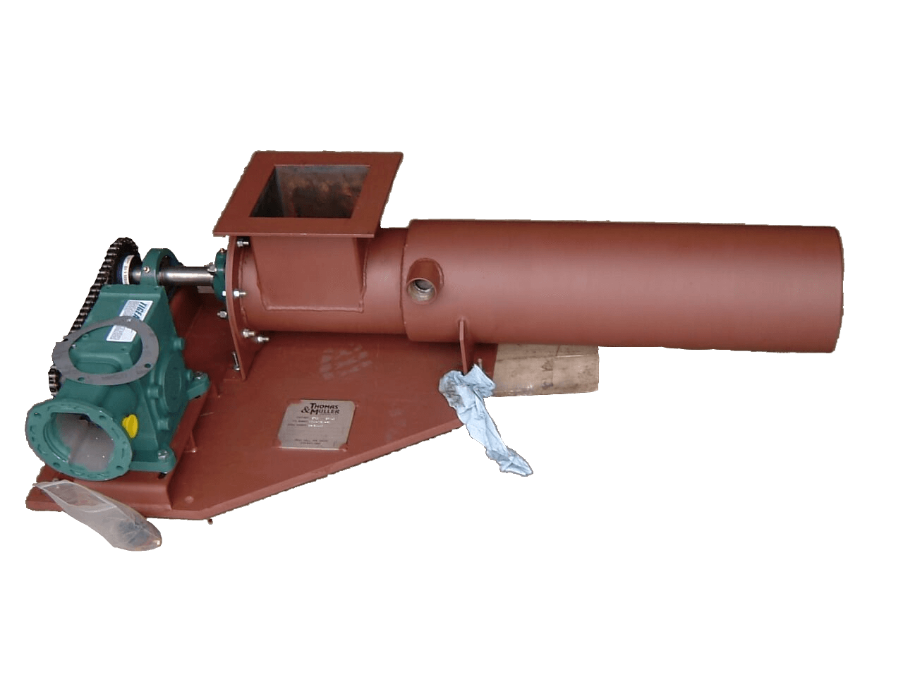 Red cantilevered screw conveyor with square inlet and gear drive